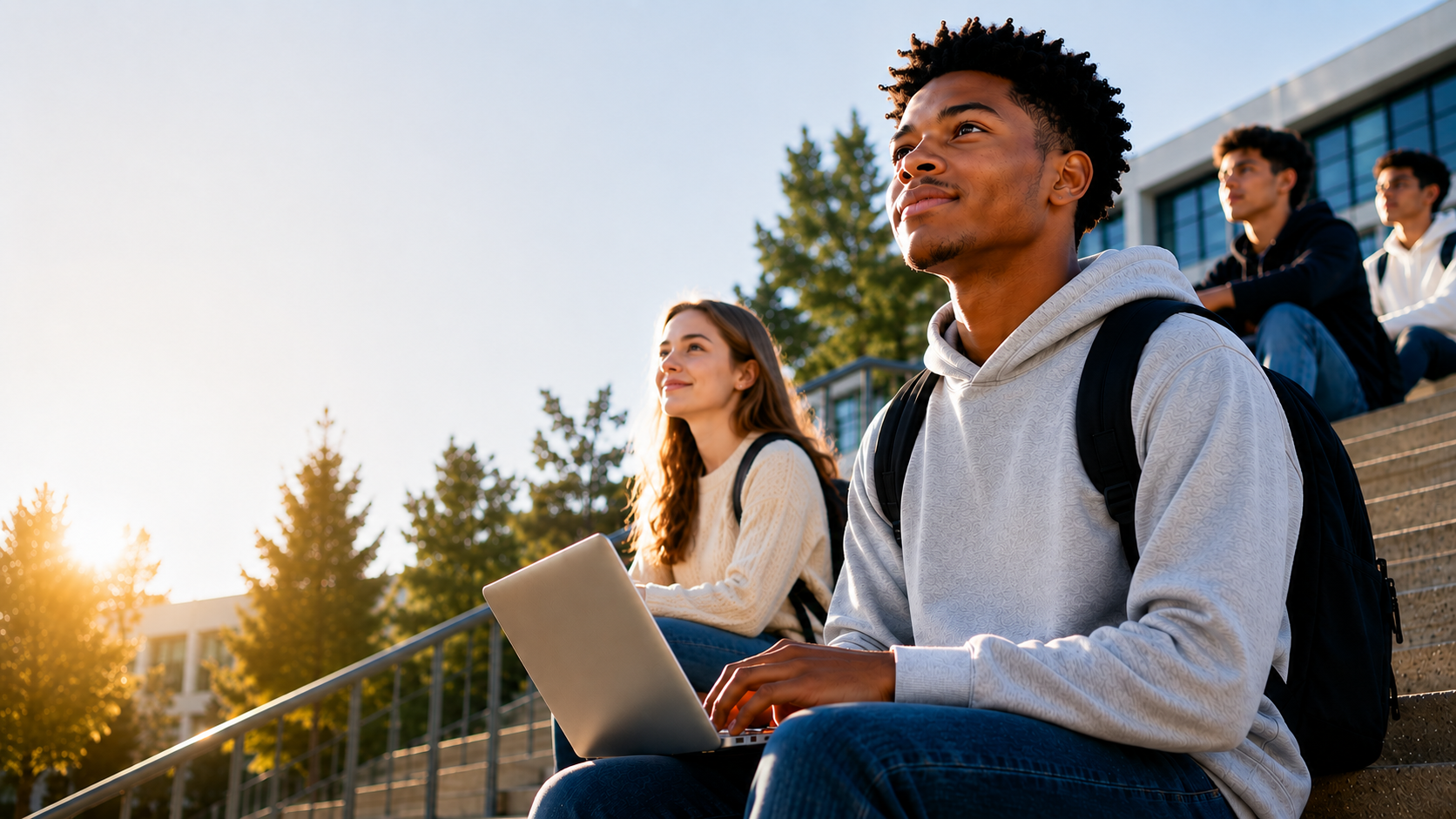 Students sitting on campus steps at sunrise