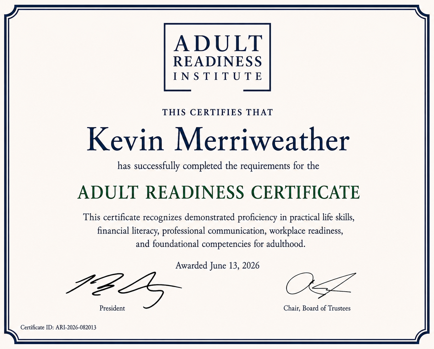 Sample Adult Readiness Certificate