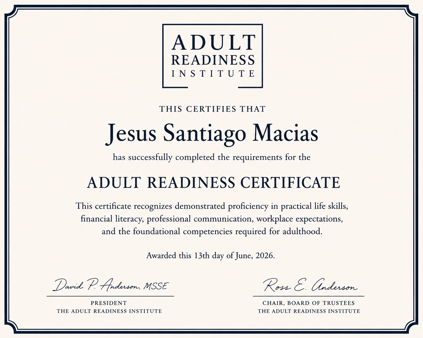 Sample Adult Readiness Certificate